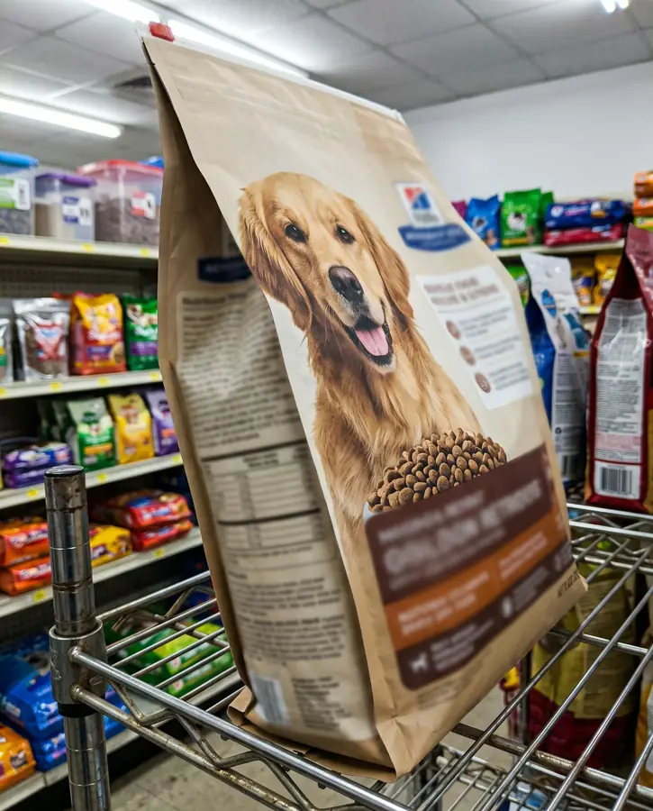 La confezione del cibo del cane, mostrata intera
